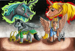 Size: 2153x1466 | Tagged: safe, artist:armorwing, alicorn, changeling, changeling queen, pony, alicornified, angry, bust, clothes, female, helmet, loki, male, open mouth, ponified, race swap, raised hoof, stallion, thor, traditional art