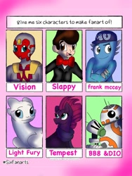 Size: 768x1024 | Tagged: safe, artist:artsymlp12, tempest shadow, dragon, light fury, pony, robot, unicorn, g4, my little pony: the movie, bb-8, broken horn, bust, clothes, crossed arms, crossover, doll, eye scar, female, friendship student, goosebumps, horn, how to train your dragon, looking back, male, mare, marvel, monsters university, open mouth, scar, scarf, six fanarts, slappy the dummy, smiling, star wars, toy, vision (marvel)