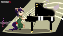 Size: 1920x1080 | Tagged: safe, artist:aldobronyjdc, oc, oc only, oc:melody verve, pony, unicorn, digital art, female, music, music notes, musical instrument, piano, playing piano, simple background, singing, solo, spotlight