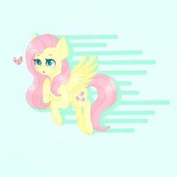 Size: 768x768 | Tagged: safe, artist:cinnavee, fluttershy, pegasus, pony, g4, abstract background, female, heart, mare, raised hoof, solo, wings