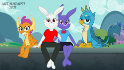 Size: 8000x4500 | Tagged: safe, artist:metalhead97, gallus, smolder, oc, oc:bonnie, oc:endymion, dragon, griffon, rabbit, anthro, g4, animal, anthro oc, bowtie, canon x oc, clothes, commission, crossed legs, dragoness, female, furry, group, group photo, holding hands, husband and wife, implied shipping, lidded eyes, looking at you, male, non-mlp oc, oc x oc, pants, shipping, show accurate, sitting, skirt, smiling, smiling at you, tail, valley, wife
