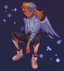 Size: 1444x1602 | Tagged: safe, artist:cinnavee, rainbow dash, human, g4, abstract background, clothes, dark skin, ear piercing, female, hoodie, humanized, pants, piercing, shoes, smiling, winged humanization, wings