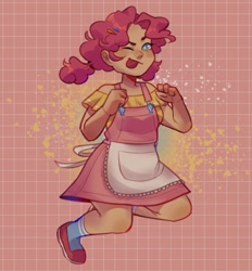 Size: 1551x1671 | Tagged: safe, artist:cinnavee, pinkie pie, human, g4, abstract background, apron, clothes, dress, female, humanized, one eye closed, shoes, solo, wink