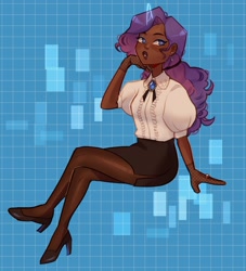 Size: 1542x1700 | Tagged: safe, artist:cinnavee, rarity, human, g4, abstract background, clothes, dark skin, ear piercing, female, fishnet stockings, gloves, high heels, horn, horned humanization, humanized, jewelry, piercing, ring, shoes, sitting, skirt, solo