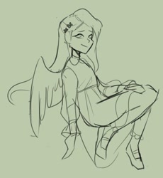 Size: 1080x1174 | Tagged: safe, artist:cinnavee, fluttershy, human, g4, clothes, dress, female, green background, humanized, lineart, monochrome, shoes, simple background, sitting, smiling, solo, winged humanization, wings