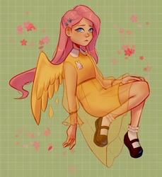 Size: 1440x1574 | Tagged: safe, artist:cinnavee, fluttershy, human, g4, abstract background, blushing, clothes, colored, cute, dress, female, humanized, shoes, shyabetes, sitting, solo, winged humanization, wings