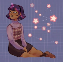 Size: 1645x1622 | Tagged: safe, artist:cinnavee, twilight sparkle, human, g4, abstract background, clothes, constellation, dark skin, ear piercing, female, hairband, horn, horned humanization, humanized, lipstick, moderate dark skin, piercing, shoes, sitting, skirt, smiling, solo