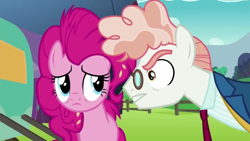 Size: 1280x720 | Tagged: safe, screencap, pinkie pie, svengallop, earth pony, pony, g4, the mane attraction, angry, clothes, eyelashes, female, frown, glare, glasses, gritted teeth, male, mare, necktie, outdoors, stallion