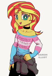 Size: 600x881 | Tagged: safe, artist:grissaecrim, sunset shimmer, equestria girls, g4, bare shoulders, clothes, collar, hand on hip, jacket, lgbt, looking at you, mouthpiece, patreon, pride, pride flag, simple background, smiling, solo, sweater, text, trans rights, transgender pride flag, white background