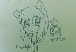 Size: 1080x744 | Tagged: safe, artist:aleurajan, oc, oc only, human, pony, unicorn, bust, duo, eye clipping through hair, horn, peace sign, style emulation, traditional art, unicorn oc