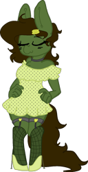 Size: 731x1428 | Tagged: safe, artist:nootaz, oc, oc only, oc:green ganache, anthro, unguligrade anthro, anthro oc, choker, clothes, commission, dress, eyes closed, female, garter belt, garters, hairpin, high heels, mare, milf, rule 63, shoes, solo, stockings, thigh garters, thigh highs, whiskers