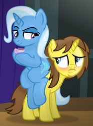 Size: 2000x2700 | Tagged: safe, artist:grapefruitface1, trixie, oc, oc:grapefruit face, pony, unicorn, g4, backstage, base used, canon x oc, cup, duo, female, grapexie, happy, high res, looking at each other, male, shipping, show accurate, sitting on person, sitting on pony, straight, teacup