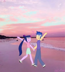 Size: 2166x2400 | Tagged: safe, artist:egtwiflash, flash sentry, twilight sparkle, equestria girls, g4, aesthetics, beach, clothes, couple, female, full body, fun, happy, high res, holding hands, male, running, shoes, straight
