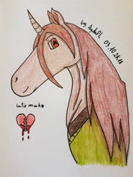 Size: 756x1008 | Tagged: safe, artist:agdapl, pony, unicorn, bust, chara, clothes, heartbreak, horn, male, ponified, signature, smiling, solo, stallion, traditional art, undertale