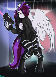 Size: 1650x2250 | Tagged: safe, artist:edgarkingmaker, pegasus, anthro, unguligrade anthro, bodysuit, boob window, breasts, cleavage, clothes, cyberpunk, ear piercing, earring, gun, handgun, jacket, jewelry, latex, latex suit, nose piercing, nose ring, piercing, pistol, science fiction, weapon