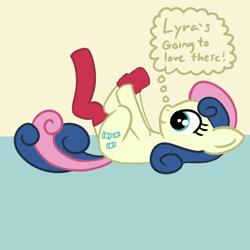 Size: 1200x1200 | Tagged: safe, artist:dafiltafish, bon bon, sweetie drops, earth pony, pony, g4, adorabon, clothes, cute, female, implied lesbian, implied lyra, implied lyrabon, implied shipping, lying down, mare, on back, red socks, smiling, socks, solo, thought bubble