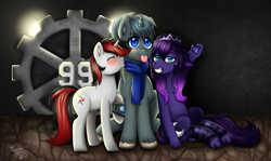 Size: 5444x3237 | Tagged: safe, artist:yumomochan, princess luna, oc, oc:blackjack, oc:scope sight, cat, cat pony, original species, pony, unicorn, fallout equestria, fallout equestria: project horizons, g4, blushing, catified, commission, dark background, digital art, dirt, kissing, lights, metal gear, paws, princess mewna, silly face, smiling, species swap, tongue out, trio