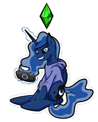 Size: 3109x3847 | Tagged: safe, artist:khaki-cap, princess luna, alicorn, pony, gamer luna, g4, amused, butt, clothes, crystal, cutie mark, excited, high res, hoodie, magic, moonbutt, playing, playstation portable, simple background, the sims, transparent background, transparent mane