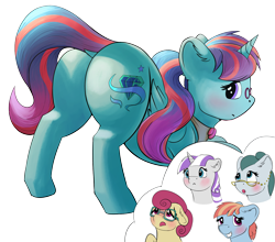 Size: 2688x2363 | Tagged: safe, artist:shaliwolf, oc, oc:earthing elements, alicorn, earth pony, pegasus, pony, unicorn, alicorn oc, blushing, bow, butt, clothes, collar, commissioner:bigonionbean, cutie mark, embarrassed, extra thicc, female, flank, fusion, fusion:cloudy quartz, fusion:posey shy, fusion:twilight velvet, fusion:windy whistles, glassed, grandparents, hair bow, high res, horn, mare, parent:cloudy quartz, parent:posey shy, parent:twilight velvet, parent:windy whistles, plot, ponytail, shocked, shy, spankable plot, the ass was fat, thought bubble, wings, writer:bigonionbean