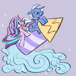 Size: 2048x2048 | Tagged: safe, artist:kindofmax, starlight glimmer, trixie, pony, unicorn, g4, cape, clothes, duo, female, gray background, high res, mare, rocket, simple background, toy interpretation, trixie's rocket
