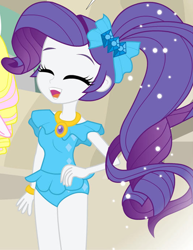 Size: 1164x1511 | Tagged: safe, artist:jucamovi1992, edit, rarity, oc, comic:the love of the mermaid, equestria girls, g4, alternate hairstyle, beach, blue swimsuit, clothes, comic, cropped, eyes closed, female, legs together, one-piece swimsuit, solo focus, swimsuit