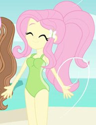 Size: 1002x1295 | Tagged: safe, artist:jucamovi1992, edit, fluttershy, oc, comic:the love of the mermaid, equestria girls, g4, alternate hairstyle, beach, clothes, comic, cropped, eyes closed, female, legs together, one-piece swimsuit, solo focus, swimsuit