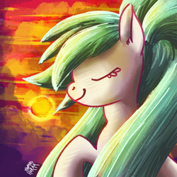 Size: 1024x1024 | Tagged: safe, artist:the-barinade, oc, oc only, oc:bapjangles, earth pony, pony, eyes closed, pigtails, smiling, solo, sun, sunset, twintails