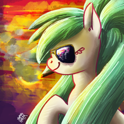 Size: 1024x1024 | Tagged: safe, artist:the-barinade, oc, oc only, oc:bapjangles, earth pony, pony, aviator sunglasses, cigar, eyes closed, glasses, pigtails, smiling, smoke, smoking, solo, sunglasses, sunset, twintails