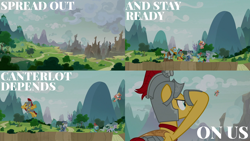 Size: 1986x1117 | Tagged: safe, edit, edited screencap, editor:quoterific, screencap, flash magnus, meadowbrook, mistmane, rockhoof, somnambula, star swirl the bearded, earth pony, pegasus, pony, unicorn, g4, the ending of the end, armor, beard, clothes, facial hair, female, hat, male, mare, open mouth, pillars of equestria, running, stallion