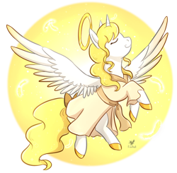 Size: 1024x1002 | Tagged: safe, artist:foxhatart, oc, oc only, oc:golden skies, alicorn, angel, pony, alicorn oc, clothes, female, halo, holy, horn, mare, solo, two toned wings, wings, yellow