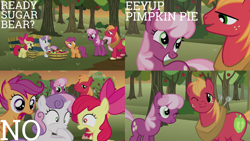 Size: 1986x1117 | Tagged: safe, edit, edited screencap, editor:quoterific, screencap, apple bloom, big macintosh, cheerilee, scootaloo, sweetie belle, earth pony, pegasus, pony, unicorn, g4, hearts and hooves day (episode), apple, bow, bucket, cutie mark crusaders, duo, female, filly, foal, food, gritted teeth, hooves on mouth, male, mare, one eye closed, open mouth, stallion, teeth, wink