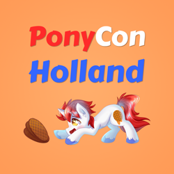 Size: 1024x1024 | Tagged: safe, oc, oc only, oc:stroopwafeltje, pony, unicorn, food, holland, male, netherlands, orange background, ponycon holland, simple background, solo, stallion, waffle