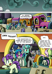 Size: 2408x3400 | Tagged: safe, artist:tarkron, all aboard, bon bon, dj pon-3, lyra heartstrings, octavia melody, steamer, sweetie drops, vinyl scratch, earth pony, pony, unicorn, comic:fusing the fusions, comic:time of the fusions, g4, background pony, blank flank, boxes, clock, clothes, comic, commissioner:bigonionbean, conductor, cutie mark, dialogue, female, filly, glasses, male, mare, mother and child, mother and daughter, pushing, random pony, stallion, storm, train, train station, tugging, whistle, writer:bigonionbean