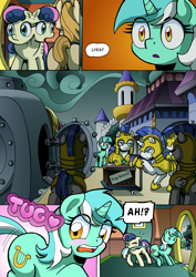 Size: 2408x3400 | Tagged: safe, artist:tarkron, bon bon, lyra heartstrings, sweetie drops, earth pony, pony, unicorn, comic:fusing the fusions, comic:time of the fusions, g4, armor, background pony, biting, blank flank, blushing, box, boxes, clock, clothes, comic, commissioner:bigonionbean, conductor, cutie mark, dialogue, female, filly, glasses, male, mare, maw, mother and child, mother and daughter, random pony, royal guard, royal guard armor, security guard, stallion, storm, tail, tail bite, tail pull, top secret, train, train station, whistle, writer:bigonionbean