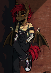 Size: 1400x2000 | Tagged: safe, artist:kotya, oc, oc only, oc:kirsche sprengstoff, bat pony, anthro, bat pony oc, bat wings, clothes, converse, fangs, female, looking at you, overalls, shoes, solo, wings