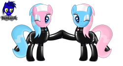 Size: 7680x4154 | Tagged: safe, artist:damlanil, aloe, lotus blossom, earth pony, pony, g4, catsuit, clothes, duo, duo female, eyes closed, eyeshadow, female, hoofbump, latex, latex suit, makeup, mare, one eye closed, rubber, shiny, shiny mane, show accurate, siblings, simple background, sisters, spa pony, spa twins, suit, transparent background, vector, wink
