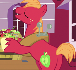 Size: 1172x1080 | Tagged: safe, screencap, big macintosh, earth pony, pony, g4, hard to say anything, big backintosh, bipedal, bipedal leaning, butt, cropped, eyes closed, leaning, male, plot, solo, stallion