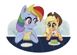 Size: 1223x877 | Tagged: safe, artist:camaleao, applejack, rainbow dash, pony, g4, applejack's hat, cowboy hat, cute, female, food, hat, lesbian, lunch, plushie, sandwich, ship:appledash, shipping, simple background, toy