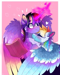 Size: 1437x1797 | Tagged: safe, artist:aaa-its-spook, rainbow dash, twilight sparkle, alicorn, pegasus, pony, g4, alternate hairstyle, blushing, book, chest fluff, cuddling, cute, dashabetes, eyes closed, female, flustered, glowing horn, heart, horn, hug, lesbian, levitation, magic, mare, markings, redesign, ship:twidash, shipping, telekinesis, twiabetes, twilight sparkle (alicorn)