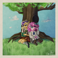 Size: 3300x3300 | Tagged: safe, artist:yonipony, oc, oc:candy cloud, oc:crystal darlene, butterfly, earth pony, unicorn, anthro, plantigrade anthro, bird nest, book, boots, clothes, cravat, dress, freckles, high res, magical lesbian spawn, mary janes, nest, not pinkie pie, offspring, parent:applejack, parent:fluttershy, parent:pinkie pie, parent:rarity, parents:flutterpie, parents:rarijack, reading, shoes, skirt, socks, suspenders, tree