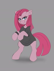 Size: 1575x2048 | Tagged: safe, artist:littlebibbo, pinkie pie, earth pony, pony, g4, bipedal, bracelet, clothes, female, floppy ears, gray background, grin, jewelry, looking at you, mare, oversized clothes, oversized shirt, pinkamena diane pie, shirt, simple background, smiling, solo