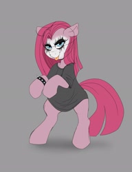 Size: 1575x2048 | Tagged: safe, alternate version, artist:littlebibbo, pinkie pie, earth pony, pony, g4, :p, bipedal, black metal, bracelet, clothes, corpse paint, female, floppy ears, gray background, grin, jewelry, looking at you, makeup, mare, oversized clothes, oversized shirt, pinkamena diane pie, shirt, simple background, smiling, solo, tongue out