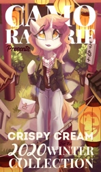 Size: 2364x4000 | Tagged: safe, artist:saxopi, oc, oc only, oc:crispy cream, unicorn, semi-anthro, arm hooves, clothes, coat, pants, purse, solo, winter clothes, writing, yellow eyes