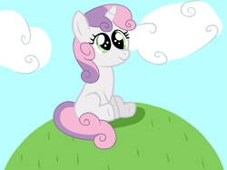 Size: 2047x1535 | Tagged: safe, artist:katliynrusshia, artist:tianalover36, sweetie belle, pony, unicorn, g4, base used, blank flank, cloud, cute, diasweetes, female, filly, grass, hill, missing cutie mark, shadow, sitting, sky, smiling, solo