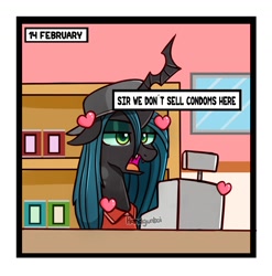 Size: 1500x1516 | Tagged: safe, artist:handgunboi, queen chrysalis, changeling, changeling queen, can, cashier, female, heart, holiday, shelf, solo, text box, valentine's day, window