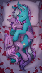 Size: 1470x2572 | Tagged: safe, artist:inowiseei, oc, oc only, oc:midnight mist, oc:sugar spirits, bat pony, pony, bed, cuddling, cute, female, male, mare, pillow, sleeping, stallion