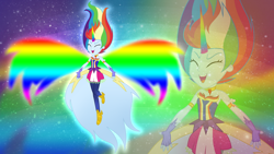 Size: 3840x2160 | Tagged: safe, artist:lumi-infinite64, artist:prismagalaxy514, edit, rainbow dash, equestria girls, g4, clothes, colored wings, daydream, daydream-ified, fingerless gloves, gloves, glowing wings, gradient wings, high res, horn, multicolored wings, rainbow horn, rainbow wings, shoes, solo, strapless, wallpaper, wings