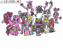 Size: 1280x988 | Tagged: safe, artist:worldofcaitlyn, pinkie pie, bear, bird, butterfly, cat, cockatoo, earth pony, hedgehog, human, hybrid, pony, rabbit, troll (fantasy), unicorn, anthro, digitigrade anthro, plantigrade anthro, g4, 2020, amy rose, angry birds, animal, anthro with ponies, babs bunny, blossom (powerpuff girls), care bears, cheer bear, crossover, galah, lego, pink, poppy help springwater, rainbow butterfly unicorn kitty, simple background, sonic the hedgehog (series), stella (angry birds), the angry birds movie, the lego movie, the powerpuff girls, tiny toon adventures, trolls, unikitty, unikitty!, yin yang yo!