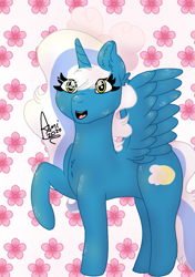 Size: 1039x1476 | Tagged: safe, artist:anidrawslover, oc, oc:fleurbelle, alicorn, pony, alicorn oc, bow, chest fluff, ear fluff, female, hair bow, horn, mare, wingding eyes, wings, yellow eyes