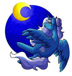 Size: 1045x1112 | Tagged: safe, artist:orangemoonarts, oc, oc:fleurbelle, alicorn, pony, alicorn oc, bow, female, flying, hair bow, horn, mare, moon, night, simple background, sky, transparent background, wings